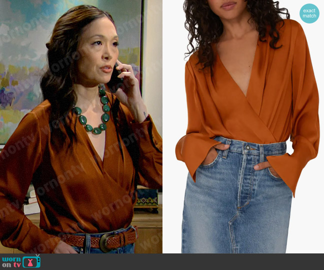 Favorite Daughter Date Blouse in Caramel worn by Penelope Poppy Nozawa (Romy Park) on The Bold and the Beautiful