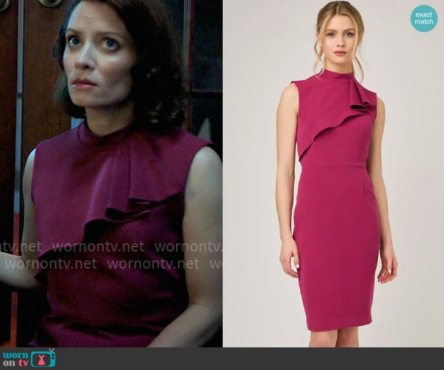 Femme de Carriere Front Ruffle Dress in Magenta worn by Charlotte Collins (Lara Jean Chorostecki) on Chucky