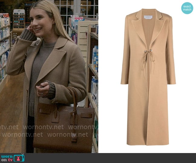 Gabriela Hearst Dutton Coat worn by Anna Victoria Alcott (Emma Roberts) on American Horror Story