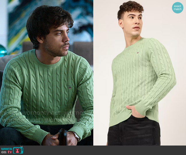 Gant Cotton Cable Knit Sweater in Peppermint Green worn by Raúl (Alex Pastrana) on Elite