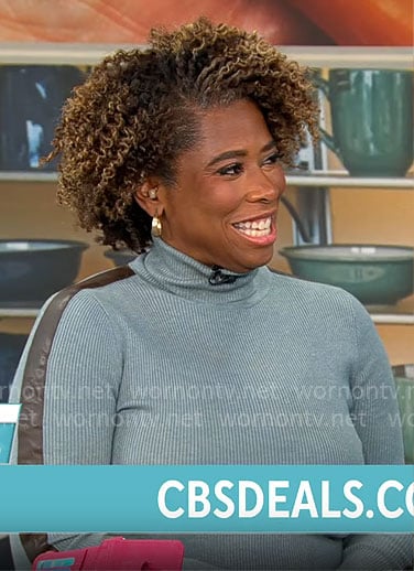 Gayle Bass's blue leather stripe turtleneck on CBS Mornings