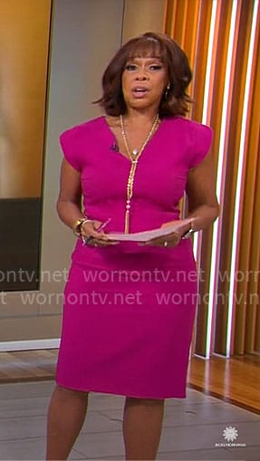 Gayle King’s pink v-neck corset sheath dress on CBS Mornings