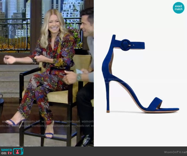 Gianvito Rossi Portofino 105 velvet sandals worn by Kelly Ripa on Live with Kelly and Mark