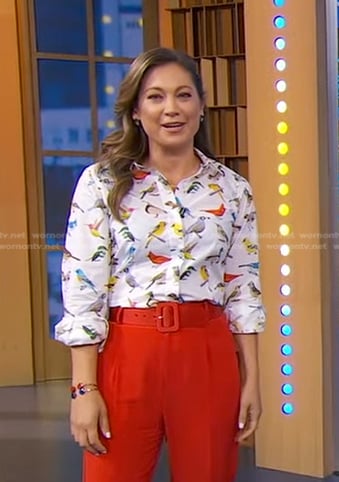 Ginger's white bird print shirt on Good Morning America