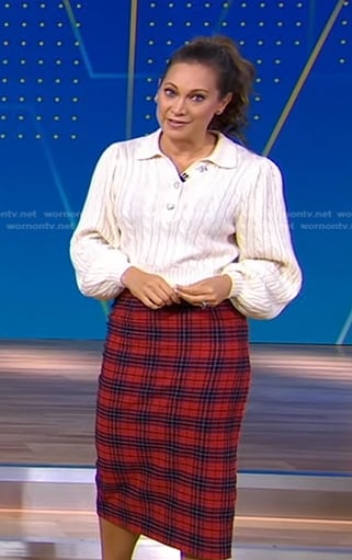 Ginger's white cable knit sweater and red plaid pencil skirt on Good Morning America