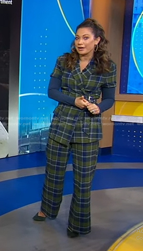 Ginger's green plaid mixed media blazer and pants on Good Morning America