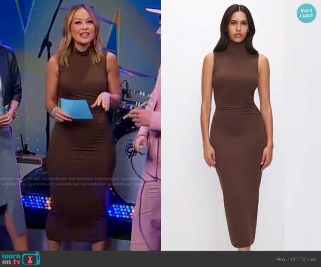 Good American Turtleneck Midi Dress in Light Mocha worn by Eva Pilgrim on Good Morning America