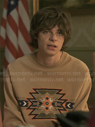 Grant's camel embroidered sweatshirt on Chucky