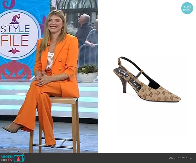 Gucci Aria 76 Monogram Slingback Mules worn by Katie Sands on Today