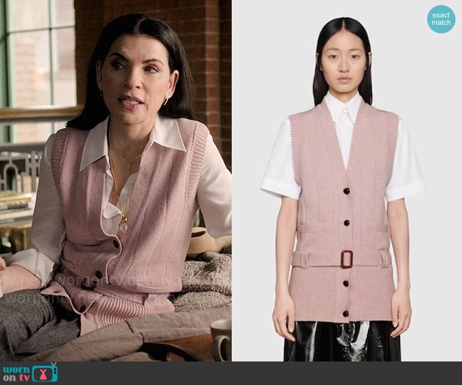 Gucci Belted Rib Wool Knit Vest worn by Laura Peterson (Julianna Margulies) on The Morning Show