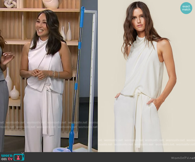 Halston Heritage Sleeveless Cowl Drape Jumpsuit worn by Diane Mizota on Access Hollywood