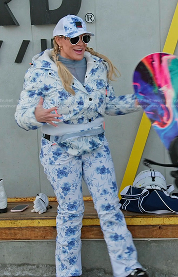 Heather's white floral ski jacket and pants on The Real Housewives of Salt Lake City