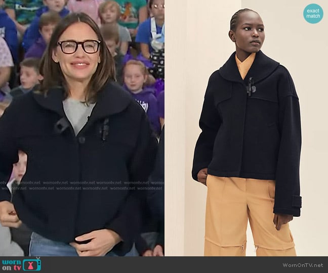 Hermes Duffle Coat Jacket in Bleu Noir worn by Jennifer Garner on Today