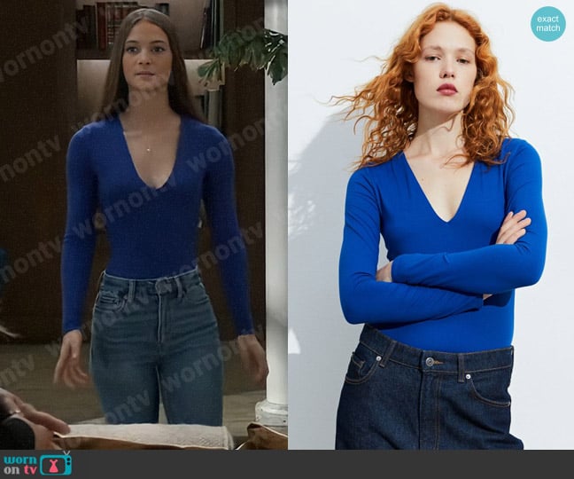 H&M V-neck Bodysuit in Bright Blue worn by Esme (Avery Kristen Pohl) on General Hospital