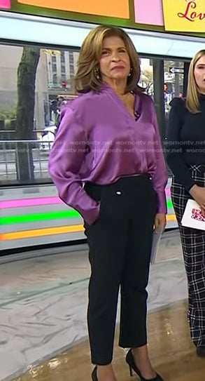 Hoda's purple satin blouse and black pants on Today