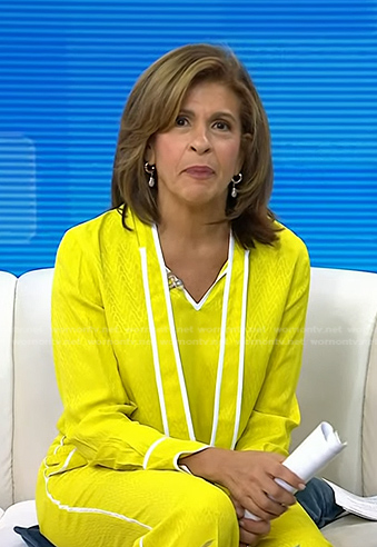 Hoda’s yellow tie neck blouse and pants with white piping on Today