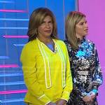 Hoda’s yellow tie neck blouse and pants with white piping on Today