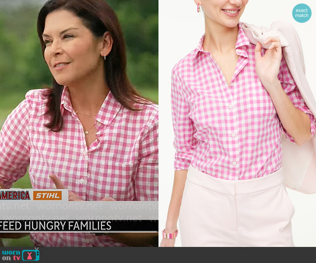 J. Crew Factory Gingham lightweight cotton shirt in signature fit in Intense Pink Ivory worn by Meg Oliver on CBS Mornings