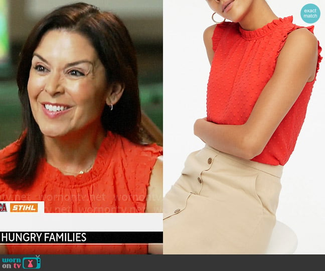 J. Crew Factory Sleeveless ruffleneck top in clip dot in Bohemian Red worn by Meg Oliver on CBS Mornings