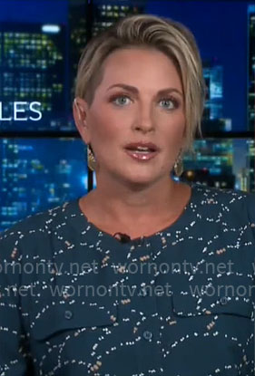 Jamie Yuccas’s teal green printed button down top on CBS Mornings