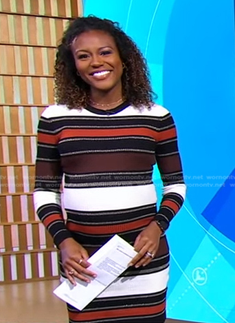 Janai's white and brown striped dress on Good Morning America