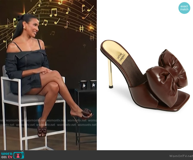 Jeffrey Campbell Bow Down Slide Sandal worn by Julissa Bermudez on Access Hollywood