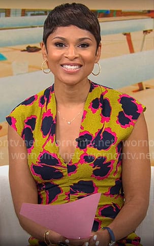 Jericka Duncan's abstract print ruched dress on CBS Mornings