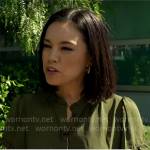 Jo Ling Kent’s olive green ruffle trim top on CBS Mornings