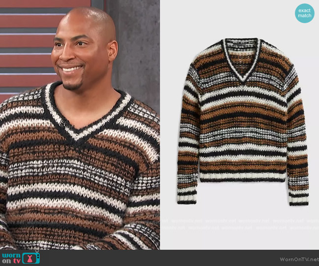 John Varvatos Angicos V-Neck Sweater worn by Dorian Renaud on Access Hollywood