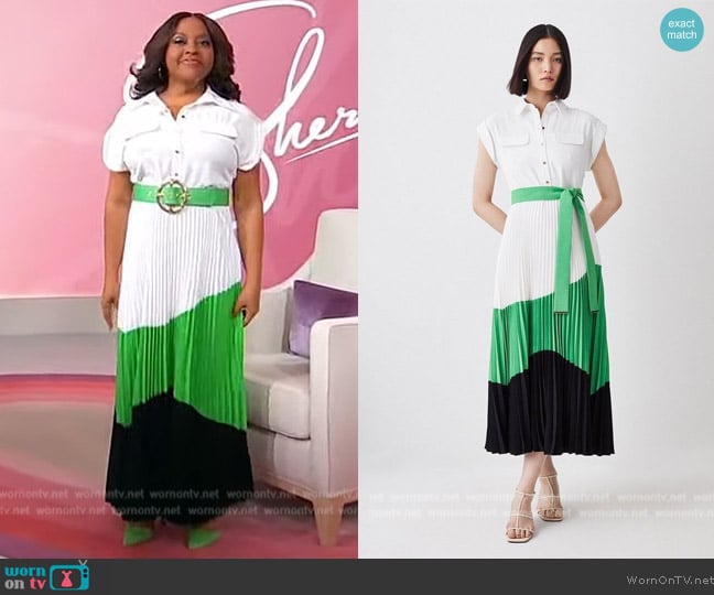 Karen Millen Color Block Pleated Woven Midi Shirt Dress worn by Sherri Shepherd on Sherri