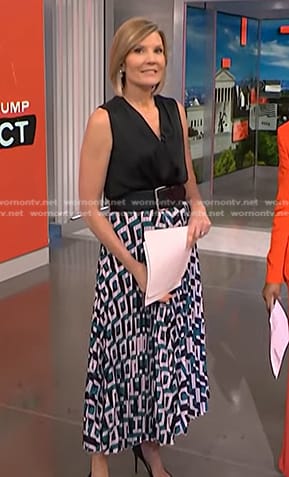 Kate Snow's geometric print skirt on NBC News Now