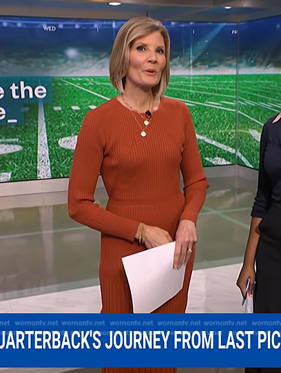 Kate Snow's orange long sleeve ribbed dress on NBC News Daily