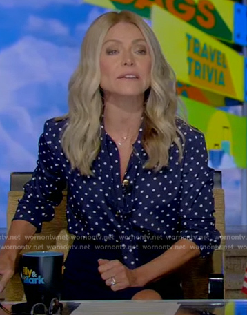 Kelly’s blue polka dot blouse and skirt on Live with Kelly and Mark