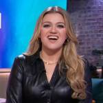 Kelly’s black leather mini dress on The Kelly Clarkson Show