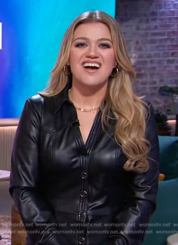 Kelly's black leather mini dress on The Kelly Clarkson Show