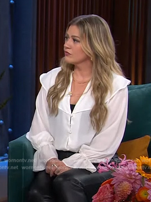 Kelly’s white blouse with ruffle collar on The Kelly Clarkson Show