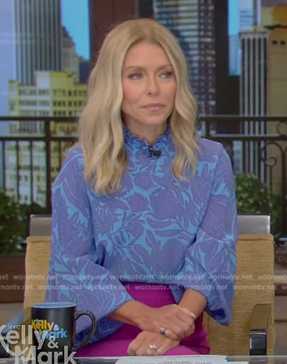 Kelly’s blue floral print blouse and skirt on Live with Kelly and Mark