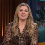 Kelly’s leopard print tie neck blouse on The Kelly Clarkson Show