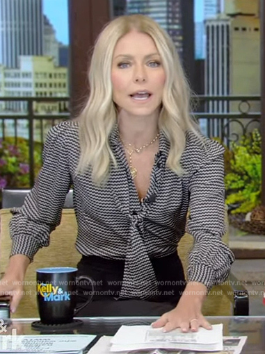 Kelly’s printed tie neck blouse on Live with Kelly and Mark