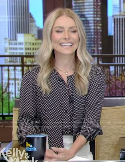 Kelly's printed tie neck blouse on Live with Kelly and Mark