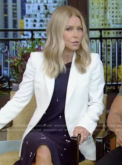 Kelly’s white blazer and floral dress on Live with Kelly and Mark