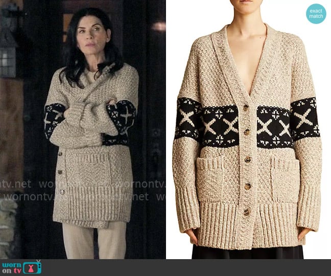 Khaite Johannes Jacquard Cashmere Cardigan worn by Laura Peterson (Julianna Margulies) on The Morning Show