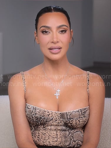 WornOnTV Kim Kardashian s snake print bustier confessional top on The Kardashians Kim Kardashian Clothes and Wardrobe from TV