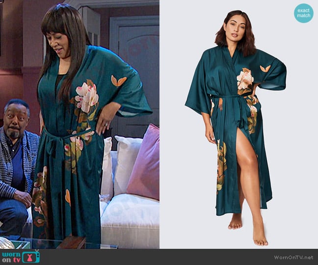 Kim + Ono Peony & Butterfly Long Kimono Robe in Vintage Teal worn by Paulina Price (Jackée Harry) on Days of our Lives