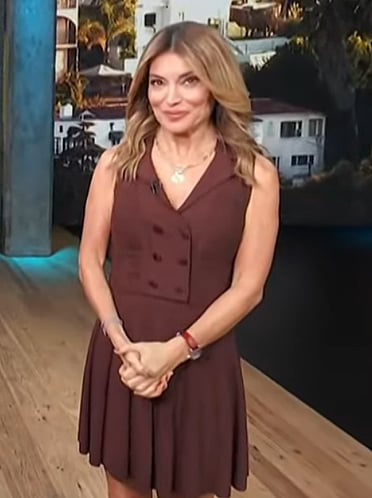 Kit’s brown vest and mini skirt on Access Hollywood