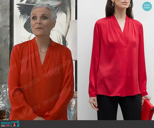 Silken Elegance: Tracy's Red V-Neck Elevates Daytime Drama | WornOnTV