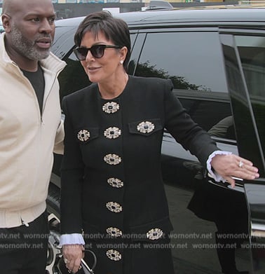 Kris's black embellished button coat on The Kardashians