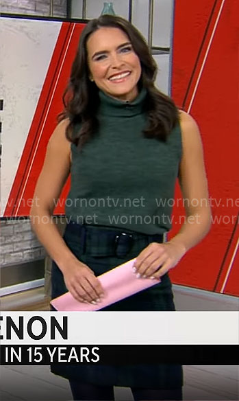 Lilia Luciano's green sleeveless turtleneck and plaid skirt on CBS Mornings