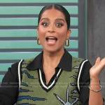 Lilly Singh’s green print knit vest on Access Hollywood