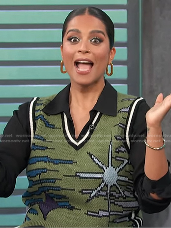 Lilly Singh’s green print knit vest on Access Hollywood